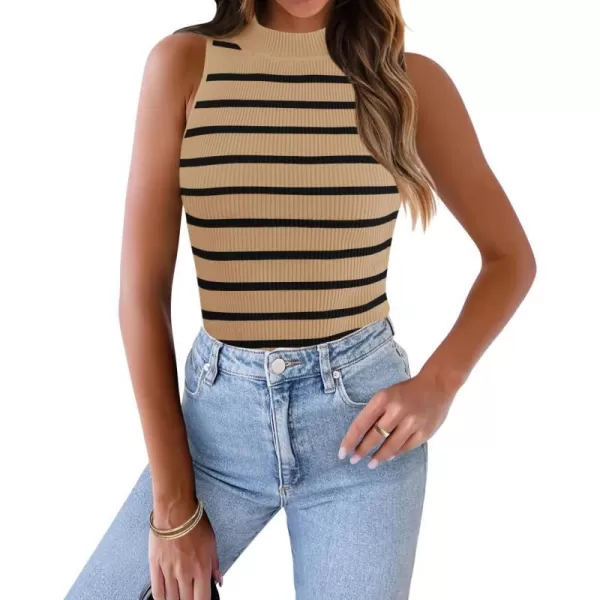 imageZESICA Womens Tank Tops Summer Sleeveless Ribbed High Neck Slim Fitted Striped Basic Casual ShirtsToffee