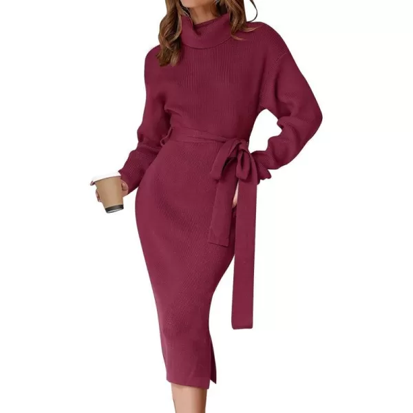 imageZESICA Womens Turtleneck Sweater Midi Dress Long Sleeve Ribbed Knit Bodycon Slit Dress with BeltPlum