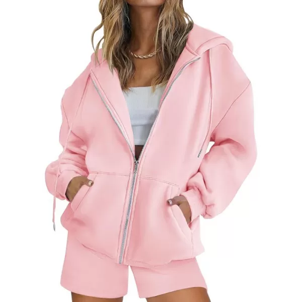 imageZESICA Womens Two Piece Outfits Casual Long Sleeve Zipper Hoodie Tracksuit Sweatsuit Workout Set with PocketsPink