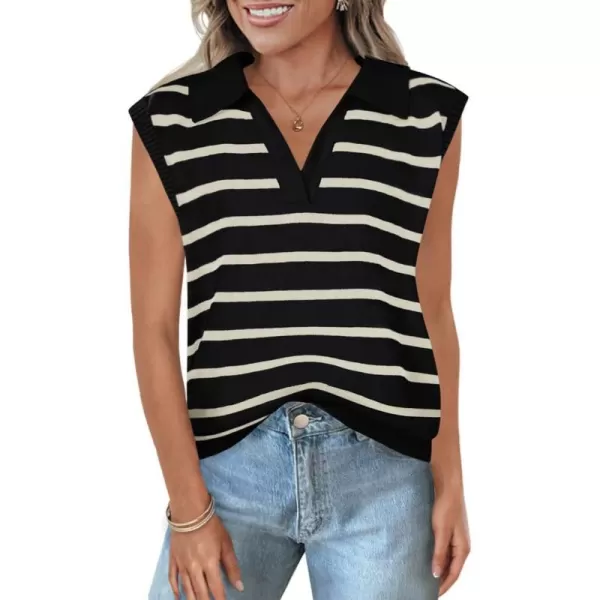 imageZESICA Womens V Neck Striped Tops 2024 Summer Cap Sleeve Sweaters Sleeveless Pullover Blouse Spring ClothesBlack