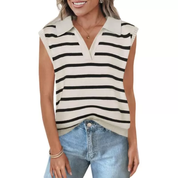 imageZESICA Womens V Neck Striped Tops 2024 Summer Cap Sleeve Sweaters Sleeveless Pullover Blouse Spring ClothesWhite
