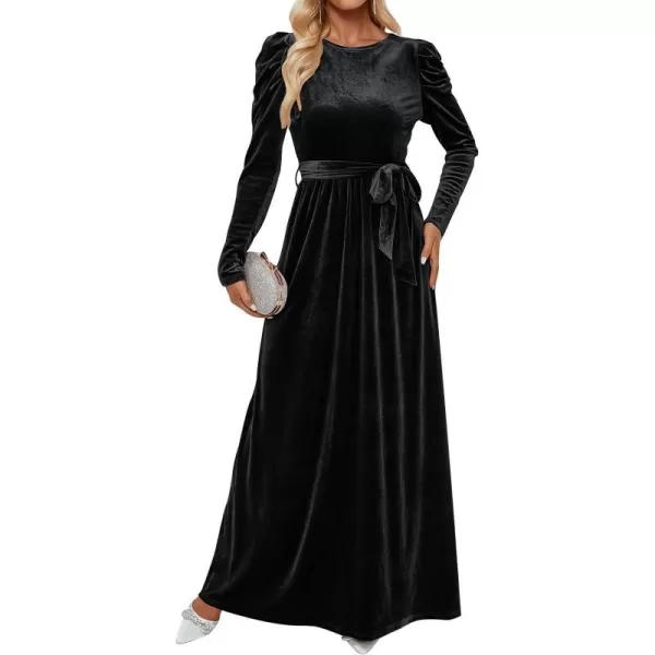 imageZESICA Womens Velvet Maxi Dress Long Puff Sleeve Crew Neck Elastic High Waist Cocktail Party Bridesmaid DressesBlack
