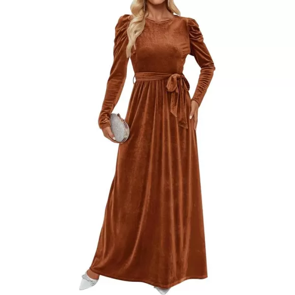 imageZESICA Womens Velvet Maxi Dress Long Puff Sleeve Crew Neck Elastic High Waist Cocktail Party Bridesmaid DressesCaramel