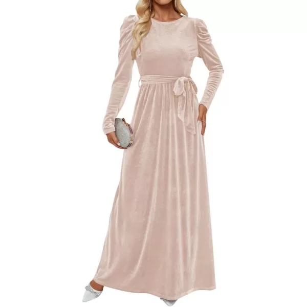 imageZESICA Womens Velvet Maxi Dress Long Puff Sleeve Crew Neck Elastic High Waist Cocktail Party Bridesmaid DressesChampagne