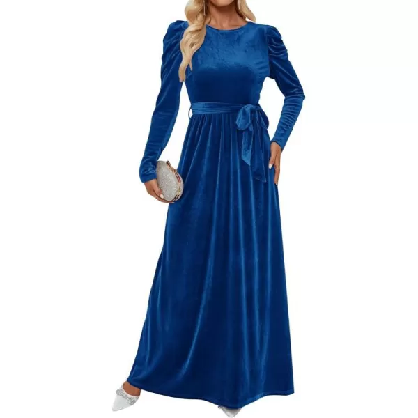 imageZESICA Womens Velvet Maxi Dress Long Puff Sleeve Crew Neck Elastic High Waist Cocktail Party Bridesmaid DressesCobalt