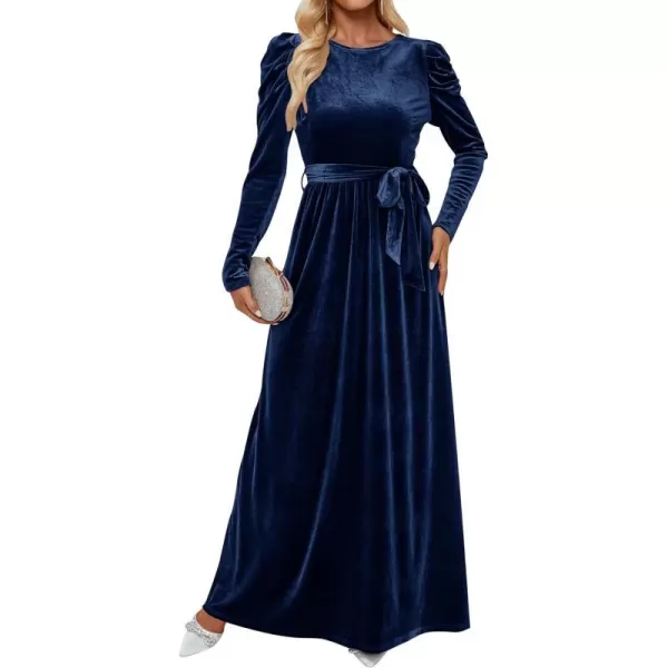 imageZESICA Womens Velvet Maxi Dress Long Puff Sleeve Crew Neck Elastic High Waist Cocktail Party Bridesmaid DressesNavy