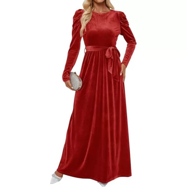 imageZESICA Womens Velvet Maxi Dress Long Puff Sleeve Crew Neck Elastic High Waist Cocktail Party Bridesmaid DressesPonceau