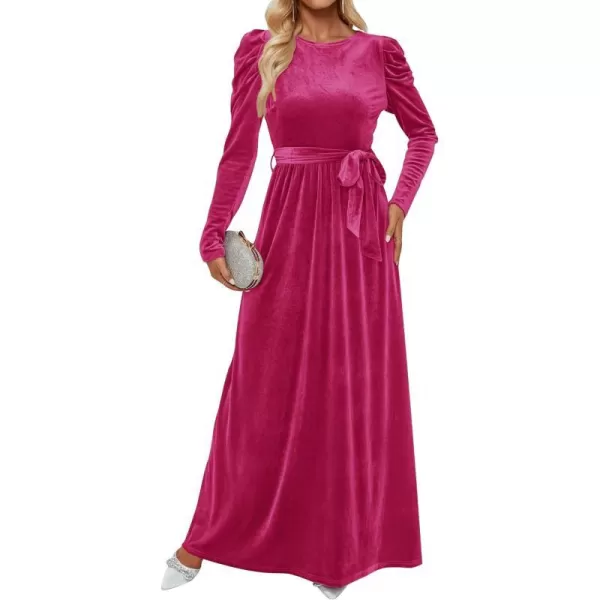 imageZESICA Womens Velvet Maxi Dress Long Puff Sleeve Crew Neck Elastic High Waist Cocktail Party Bridesmaid DressesRose