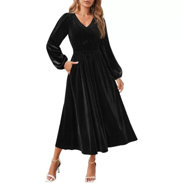 imageZESICA Womens Velvet Midi Dress Casual V Neck Long Sleeve Solid Color Elastic High Waist Flowy Evening Party DressesBlack