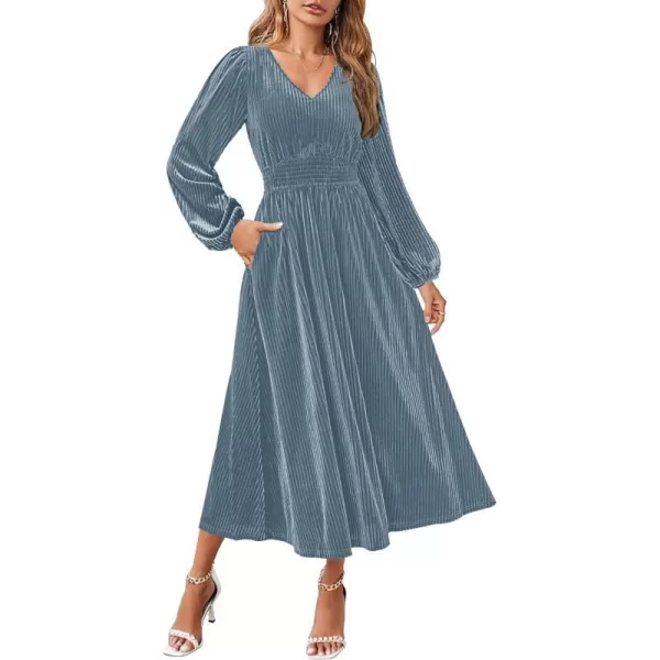 imageZESICA Womens Velvet Midi Dress Casual V Neck Long Sleeve Solid Color Elastic High Waist Flowy Evening Party DressesGrey Blue