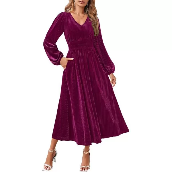 imageZESICA Womens Velvet Midi Dress Casual V Neck Long Sleeve Solid Color Elastic High Waist Flowy Evening Party DressesPlum