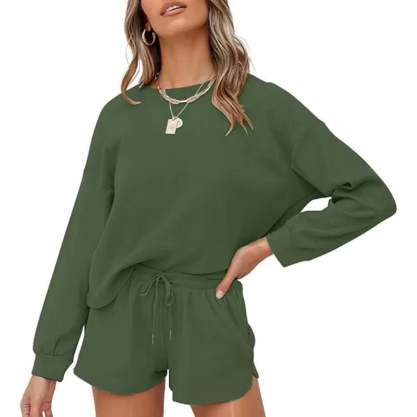 imageZESICA Womens Waffle Knit Long Sleeve Top and Shorts Pullover Nightwear Lounge Pajama Set with PocketsArmygreen