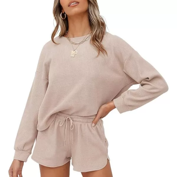 imageZESICA Womens Waffle Knit Long Sleeve Top and Shorts Pullover Nightwear Lounge Pajama Set with PocketsBeige