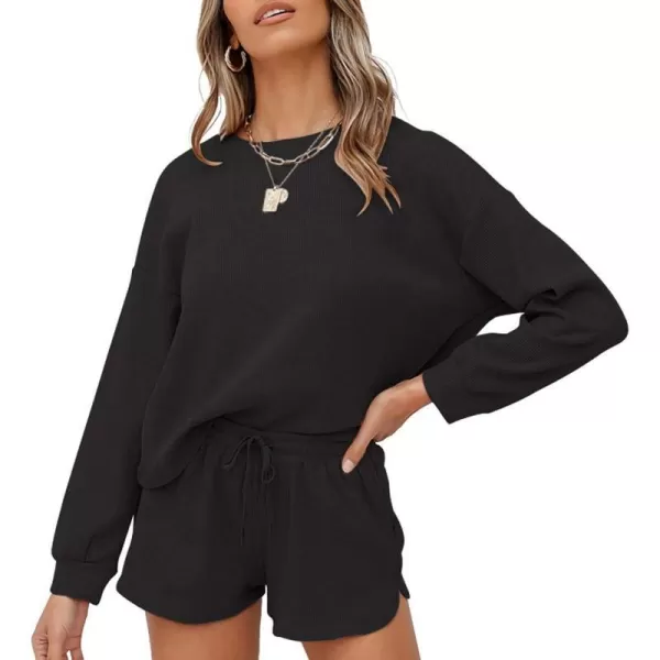 imageZESICA Womens Waffle Knit Long Sleeve Top and Shorts Pullover Nightwear Lounge Pajama Set with PocketsBlack