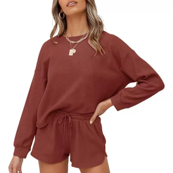 imageZESICA Womens Waffle Knit Long Sleeve Top and Shorts Pullover Nightwear Lounge Pajama Set with PocketsBrickred