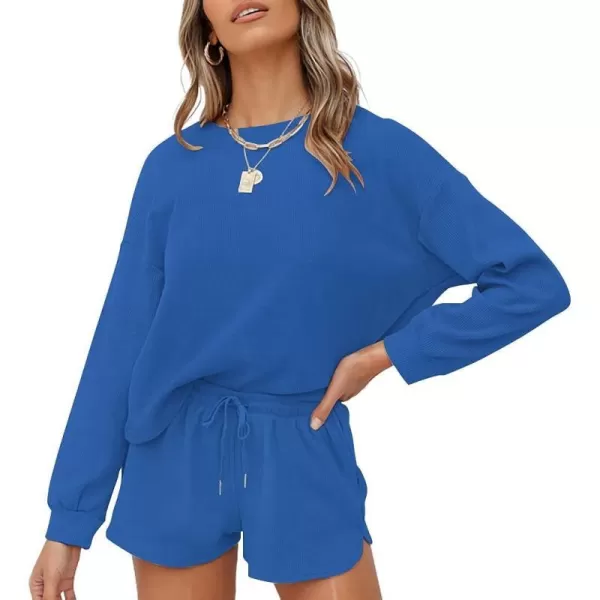 imageZESICA Womens Waffle Knit Long Sleeve Top and Shorts Pullover Nightwear Lounge Pajama Set with PocketsCobalt