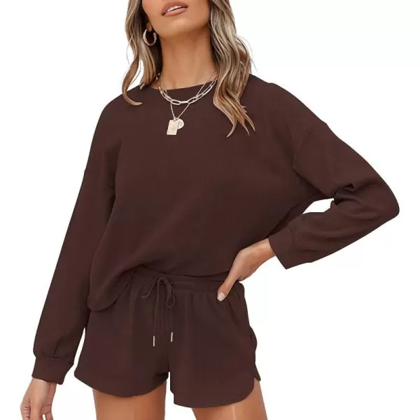 imageZESICA Womens Waffle Knit Long Sleeve Top and Shorts Pullover Nightwear Lounge Pajama Set with PocketsCoffee