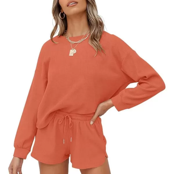 imageZESICA Womens Waffle Knit Long Sleeve Top and Shorts Pullover Nightwear Lounge Pajama Set with PocketsCoral