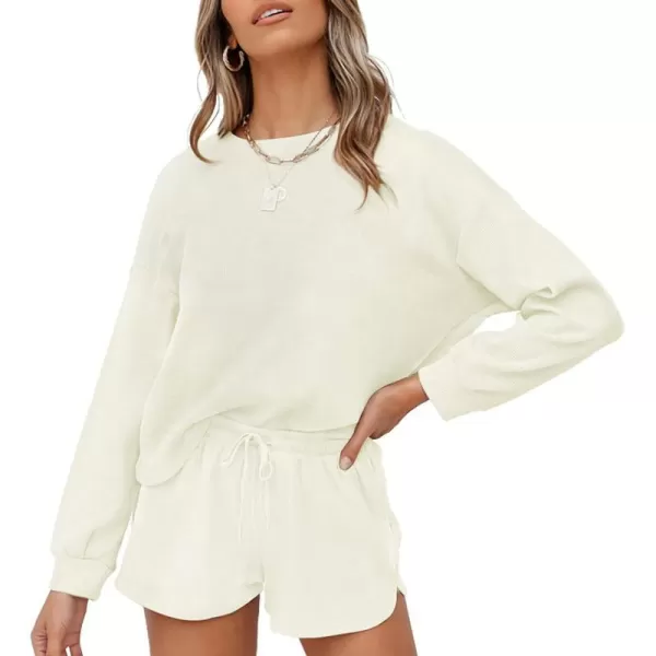 imageZESICA Womens Waffle Knit Long Sleeve Top and Shorts Pullover Nightwear Lounge Pajama Set with PocketsCream