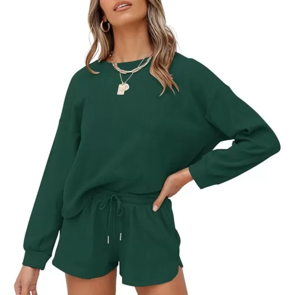imageZESICA Womens Waffle Knit Long Sleeve Top and Shorts Pullover Nightwear Lounge Pajama Set with PocketsDarkgreen