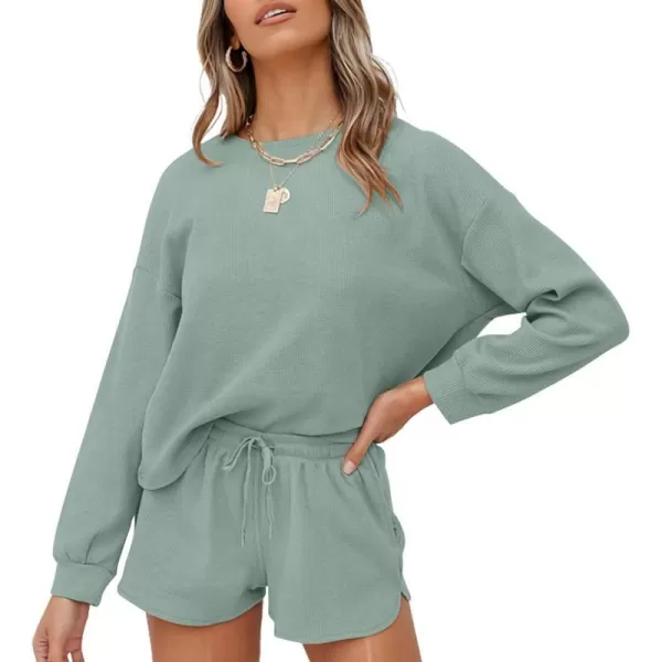 imageZESICA Womens Waffle Knit Long Sleeve Top and Shorts Pullover Nightwear Lounge Pajama Set with PocketsGreen