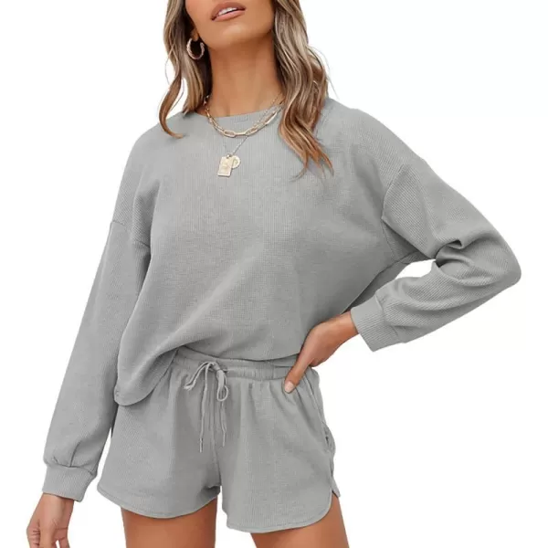 imageZESICA Womens Waffle Knit Long Sleeve Top and Shorts Pullover Nightwear Lounge Pajama Set with PocketsGrey