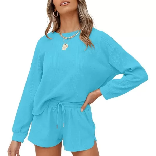 imageZESICA Womens Waffle Knit Long Sleeve Top and Shorts Pullover Nightwear Lounge Pajama Set with PocketsLakeblue