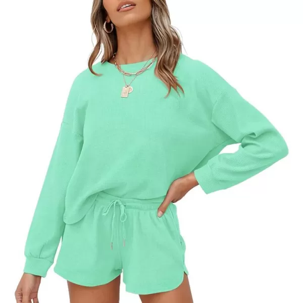 imageZESICA Womens Waffle Knit Long Sleeve Top and Shorts Pullover Nightwear Lounge Pajama Set with PocketsMistgreen