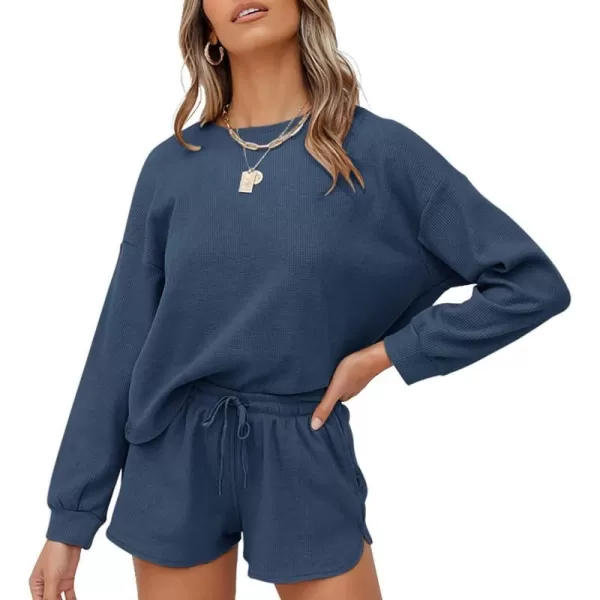 imageZESICA Womens Waffle Knit Long Sleeve Top and Shorts Pullover Nightwear Lounge Pajama Set with PocketsNavy