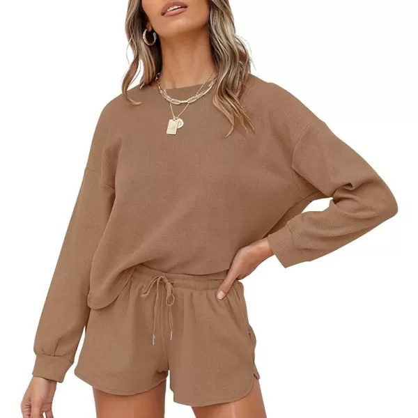 imageZESICA Womens Waffle Knit Long Sleeve Top and Shorts Pullover Nightwear Lounge Pajama Set with PocketsRedbrown
