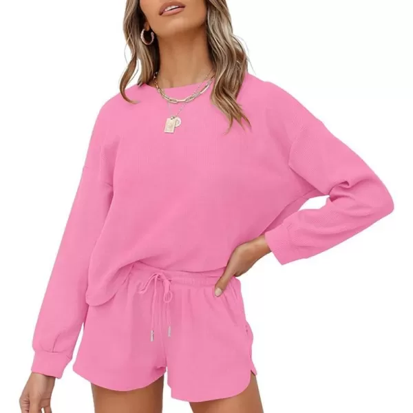 imageZESICA Womens Waffle Knit Long Sleeve Top and Shorts Pullover Nightwear Lounge Pajama Set with PocketsRosepink