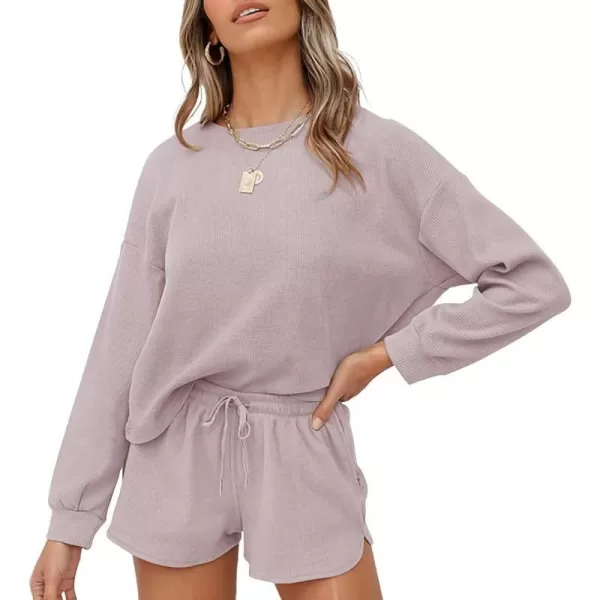 imageZESICA Womens Waffle Knit Long Sleeve Top and Shorts Pullover Nightwear Lounge Pajama Set with PocketsTaro
