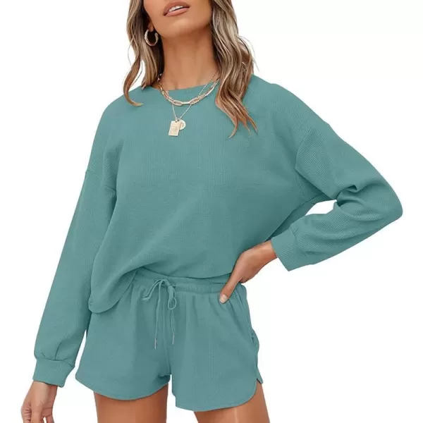 imageZESICA Womens Waffle Knit Long Sleeve Top and Shorts Pullover Nightwear Lounge Pajama Set with PocketsTurquoise