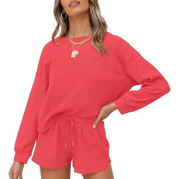 imageZESICA Womens Waffle Knit Long Sleeve Top and Shorts Pullover Nightwear Lounge Pajama Set with PocketsWatermelon