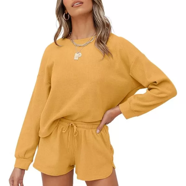 imageZESICA Womens Waffle Knit Long Sleeve Top and Shorts Pullover Nightwear Lounge Pajama Set with PocketsYellow