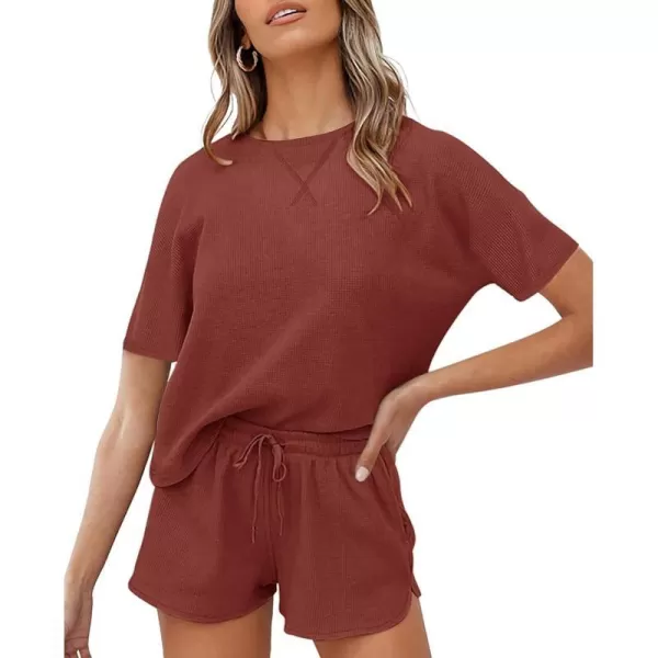 imageZESICA Womens Waffle Knit Pajama Set Short Sleeve Top and Shorts Loungewear Athletic Tracksuits with PocketsBrickred
