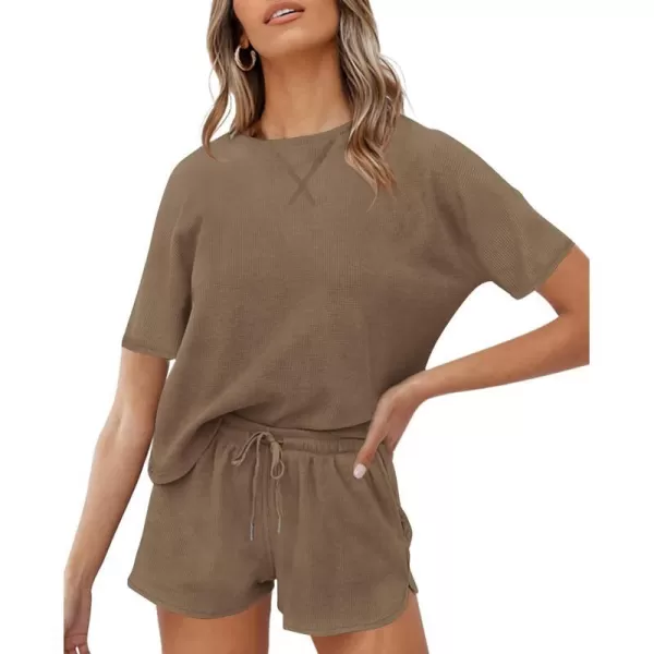 imageZESICA Womens Waffle Knit Pajama Set Short Sleeve Top and Shorts Loungewear Athletic Tracksuits with PocketsDarkkhaki