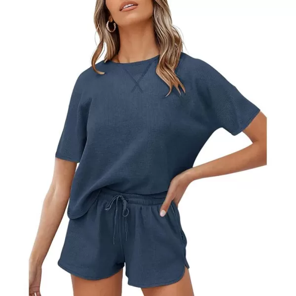 imageZESICA Womens Waffle Knit Pajama Set Short Sleeve Top and Shorts Loungewear Athletic Tracksuits with PocketsNavyblue