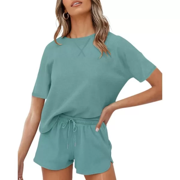 imageZESICA Womens Waffle Knit Pajama Set Short Sleeve Top and Shorts Loungewear Athletic Tracksuits with PocketsTurquoise