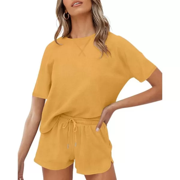 imageZESICA Womens Waffle Knit Pajama Set Short Sleeve Top and Shorts Loungewear Athletic Tracksuits with PocketsYellow