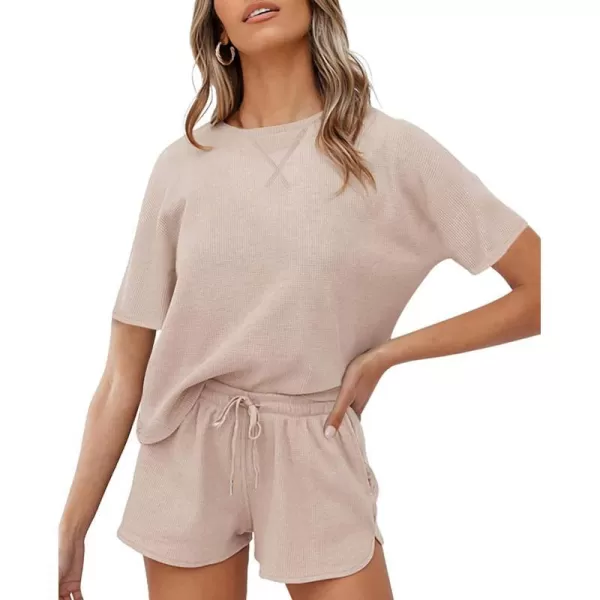 imageZESICA Womens Waffle Knit Pajama Set Short Sleeve Top and Shorts Loungewear Athletic Tracksuits with PocketsZESICA Womens Waffle Knit Pajama Set Short Sleeve Top and Shorts Loungewear Athletic Tracksuits with Pockets