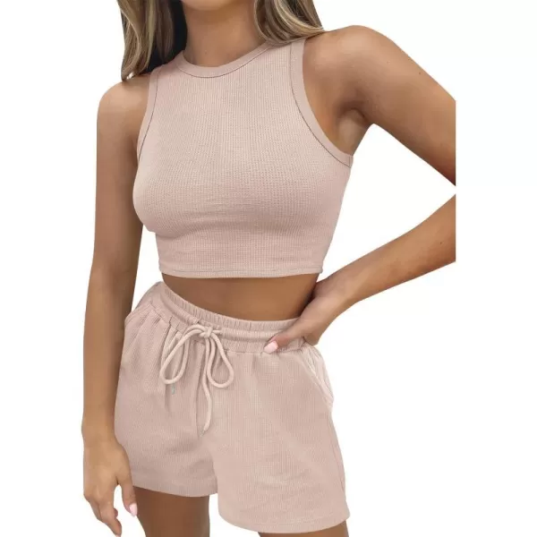 imageZESICA Womens Waffle Knit Sleeveless Crop Top and Shorts Pullover Nightwear Lounge Pajama Set with PocketsCropbeige