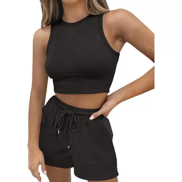 imageZESICA Womens Waffle Knit Sleeveless Crop Top and Shorts Pullover Nightwear Lounge Pajama Set with PocketsCropblack