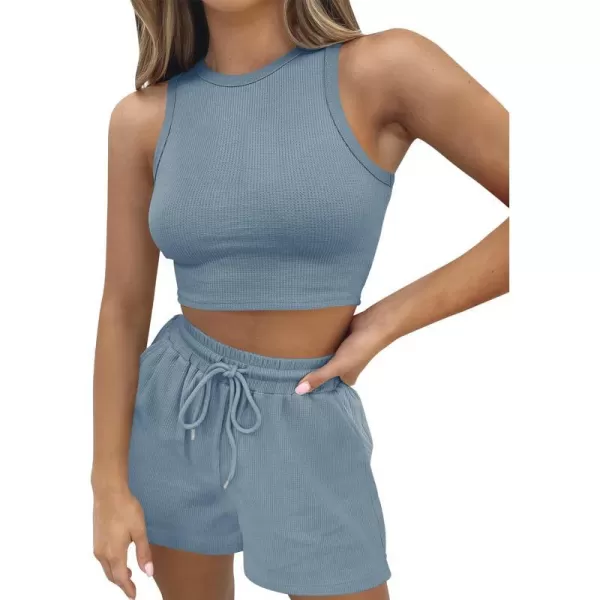 imageZESICA Womens Waffle Knit Sleeveless Crop Top and Shorts Pullover Nightwear Lounge Pajama Set with PocketsCropblue