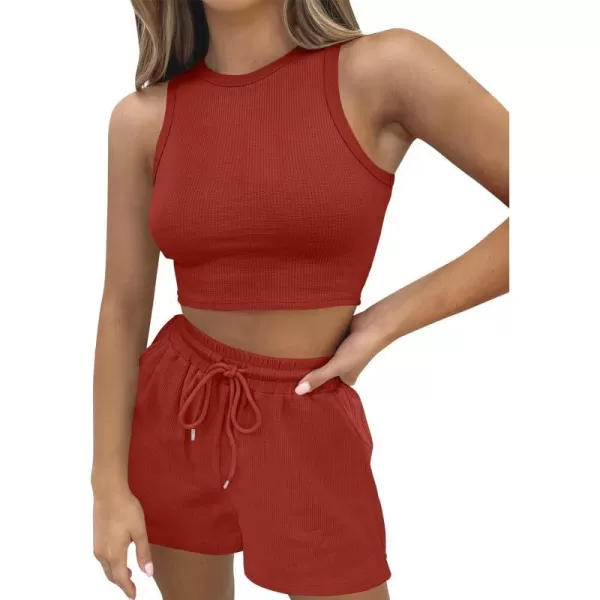 imageZESICA Womens Waffle Knit Sleeveless Crop Top and Shorts Pullover Nightwear Lounge Pajama Set with PocketsCropbrickred