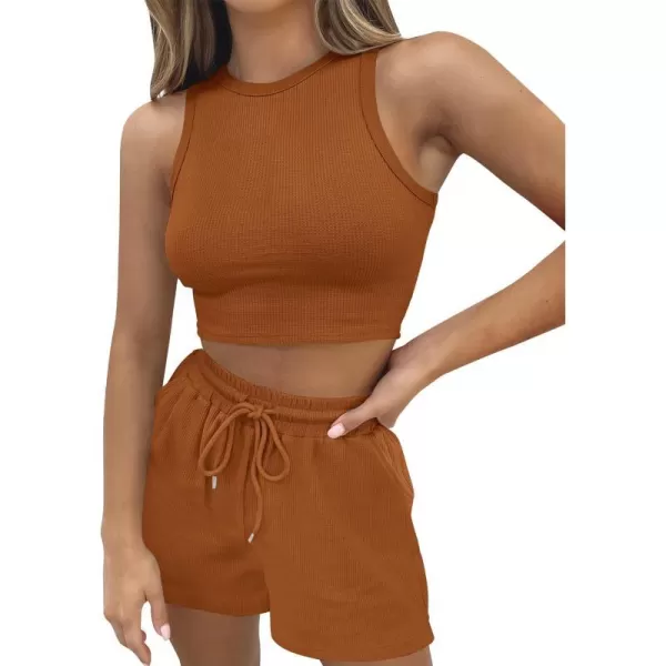 imageZESICA Womens Waffle Knit Sleeveless Crop Top and Shorts Pullover Nightwear Lounge Pajama Set with PocketsCropcaramel