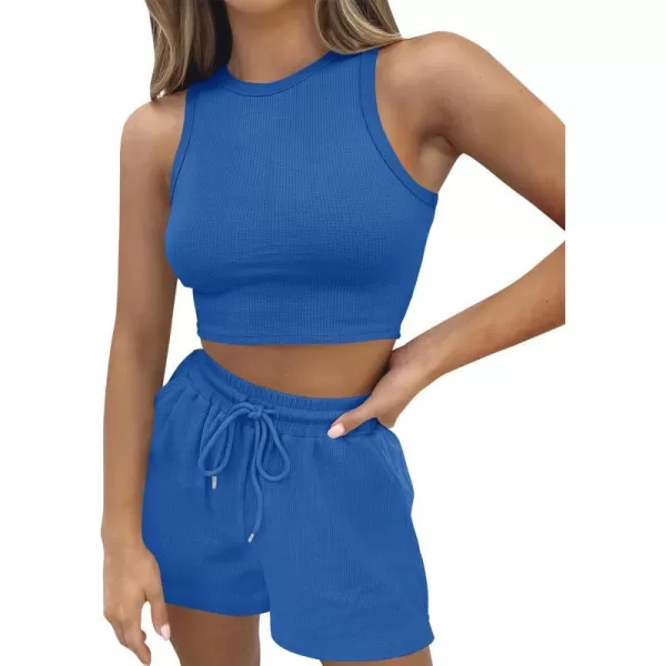 imageZESICA Womens Waffle Knit Sleeveless Crop Top and Shorts Pullover Nightwear Lounge Pajama Set with PocketsCropcobalt