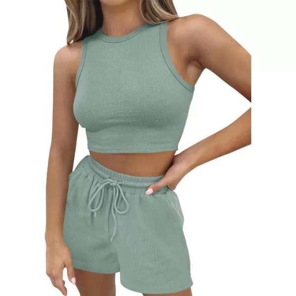 imageZESICA Womens Waffle Knit Sleeveless Crop Top and Shorts Pullover Nightwear Lounge Pajama Set with PocketsCropgreen