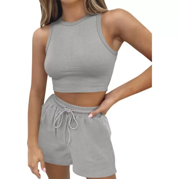 imageZESICA Womens Waffle Knit Sleeveless Crop Top and Shorts Pullover Nightwear Lounge Pajama Set with PocketsCropgrey
