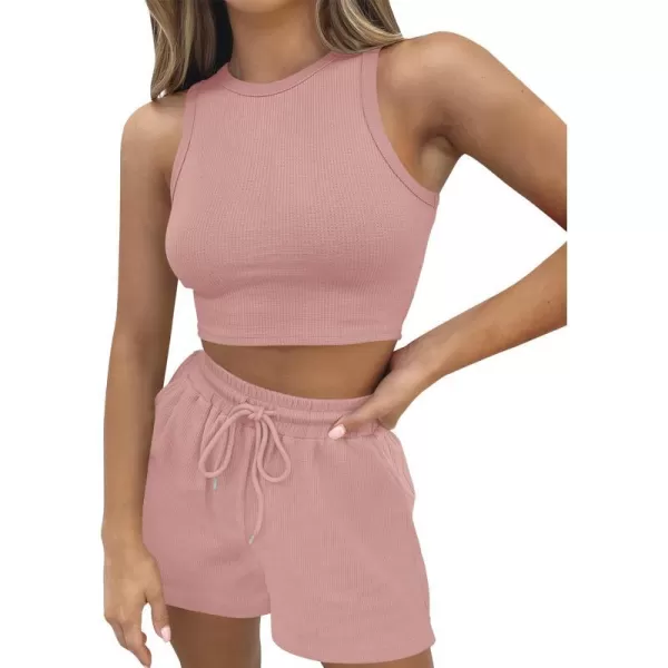 imageZESICA Womens Waffle Knit Sleeveless Crop Top and Shorts Pullover Nightwear Lounge Pajama Set with PocketsCroppink
